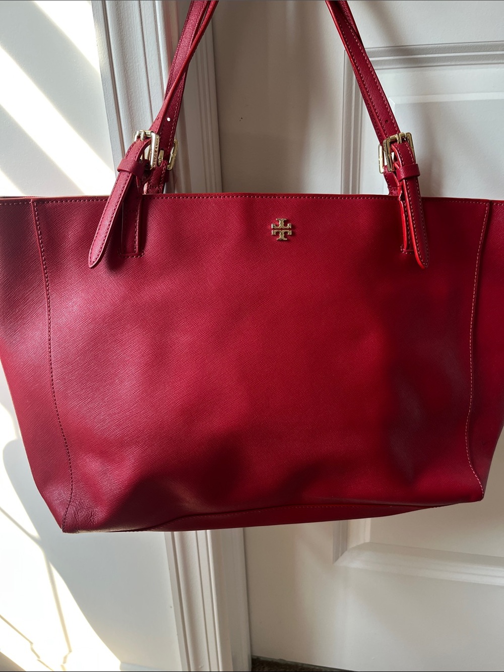 Tory Burch Red Leather Tote with Gold Logo